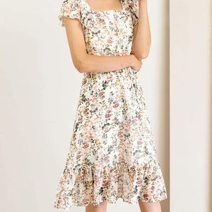 Floral Chiffon Flutter Sleeve Belted Ruffle Dress